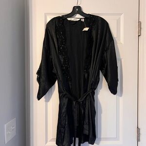 Black Vintage Victoria’s Secret Short Silky Lace, Sequin,Embellishment Robe OS